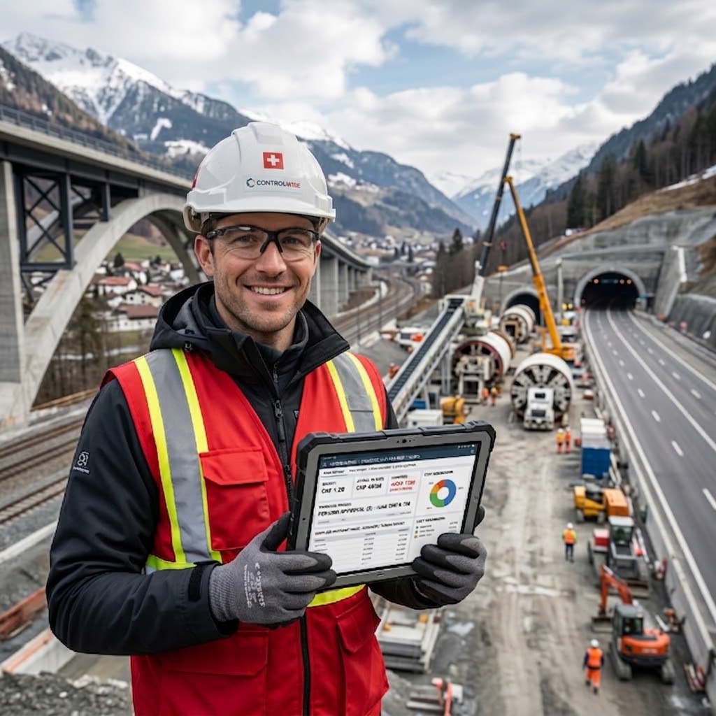 Site manager on a construction site holding a rugged tablet showing the ControlWise dashboard, cranes and tunnel works behind