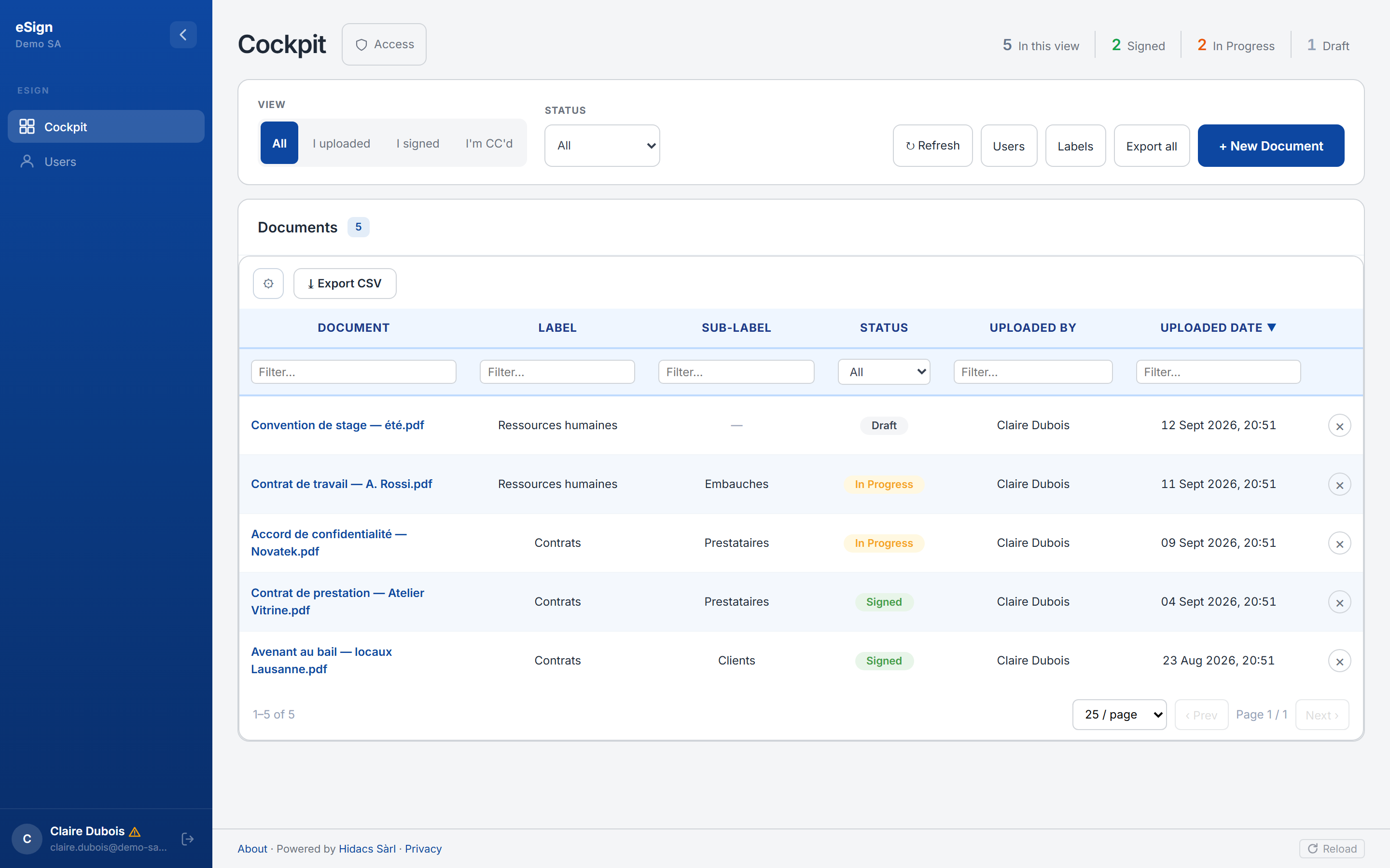 eSign cockpit: list of documents with their label, sub-label and signing status