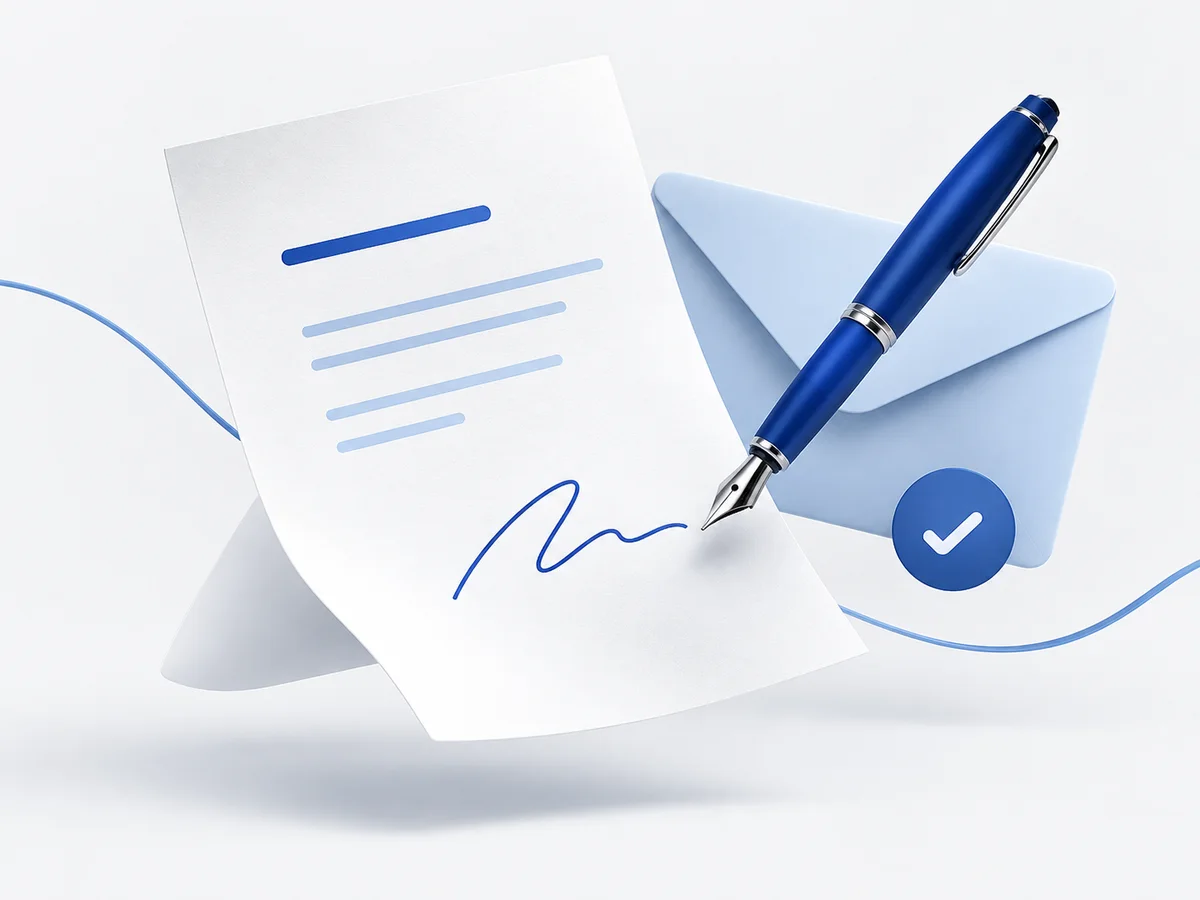 Illustration: a document, an envelope and a blue pen suggesting a digital signature.